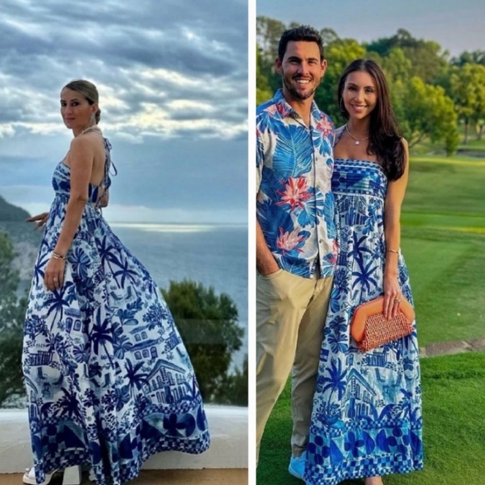 FARM RIO Sweet Rio MEDIUM Maxi Dress open back tie up blue white floral tropical - Picture 4 of 10